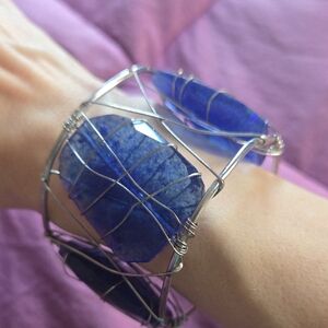 Silvertone Cuff Bangle With Chunky Wire-wrapped Royal Blue Gemstones